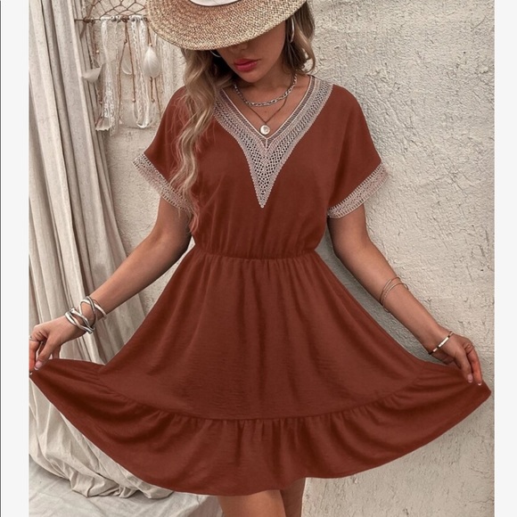 Boho Sheer Mesh Crochet Lace Flounce Sleeve Ruffle Dress - Picture 3 of 15